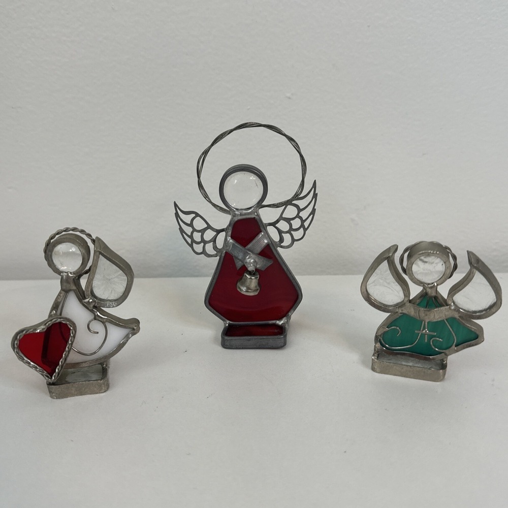 Vintage Stained Glass Standing Angel Lot Of 3 Red Green White Set Christmas